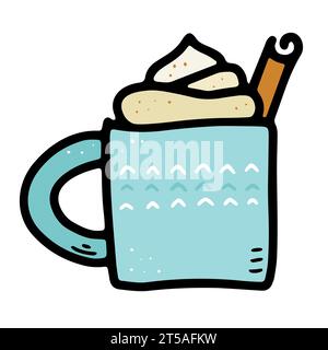 Doodle Cozy scandinavian food vector illustration. A blue cup with hot drink, foam, cream, cinnamon. Eggnog, coffee, cocoa, chocolate, milk on a white Stock Vector
