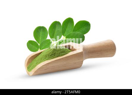 Moringa leaf with powder in scoop isolated on white background Stock Photo