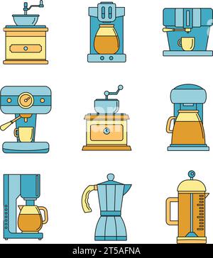 Coffee maker pot espresso cafe icons set. Outline illustration of 9 coffee maker pot espresso cafe vector icons thin line color flat on white Stock Vector