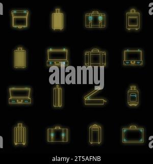 Suitcase travel luggage bag briefcase icons set. Outline illustration of 16 Suitcase travel luggage bag briefcase vector icons neon color on black Stock Vector