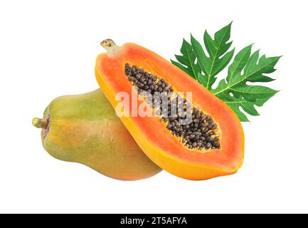 Whole and half of ripe papaya fruit isolated on white background Stock Photo