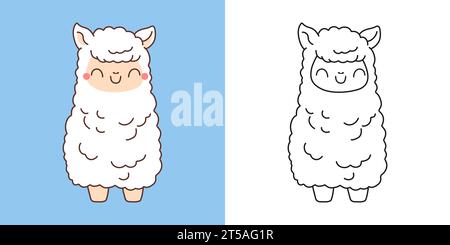 Set Clipart Alpaca Coloring Page and Colored Illustration. Kawaii Isolated Lama. Cute Vector Illustration of a Kawaii Animal for Stickers, Prints for Stock Vector