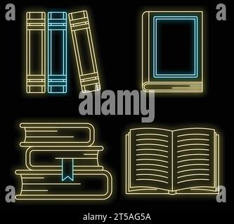 School library books icon set. Outline set of school library books vector icons neon color on black Stock Vector