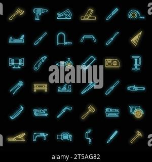 Carpenter working icon set. Outline set of carpenter working vector icons neon color on black Stock Vector