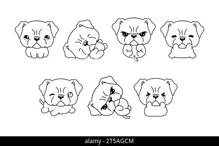 Collection of Vector Cartoon Boxer Dog Coloring Page. Set of Kawaii Isolated Pet Outline for Stickers, Baby Shower, Coloring Book, Prints for Clothes Stock Vector