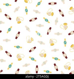 Seamless vector pattern with different clocks. Types of wrist and pocket watches. Illustration in cartoon style. Stock Vector