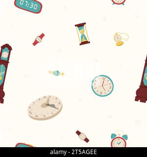 Seamless vector pattern with different clocks. Types of watches. Illustration in cartoon style. Hourglass, antique granfather clock, pocket watch on a Stock Vector