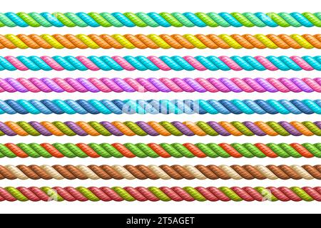 Vector Seamless Rope Set, group of illustration horizontal decorative multicolored long ropes, collection of many various repeating plastic ropes on w Stock Vector