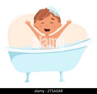 Cute blond boy washes in the bathroom vector illustration. Daily routine. Schedule. Illustration on abstract background Stock Vector