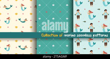 Set of seamless patterns with mermaids, pirates and shells. Collection of three vector illustrations. For fabric and wallpaper design Stock Vector