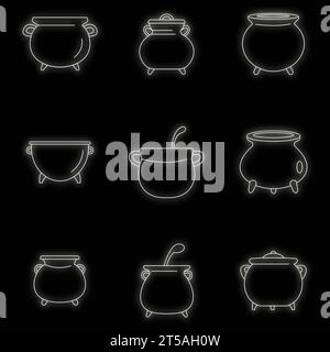 Cauldron pot kettle halloween icons set. Outline illustration of 9 cauldron pot kettle halloween vector icons neon color on black Stock Vector