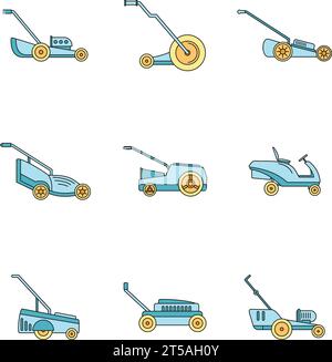 Lawnmower grass garden icons set. Outline illustration of 9 lawnmower grass garden vector icons thin line color flat on white Stock Vector