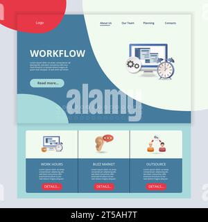 Workflow flat landing page website template. Work hours, buzz market, outsource. Web banner with header, content and footer. Vector illustration. Stock Vector