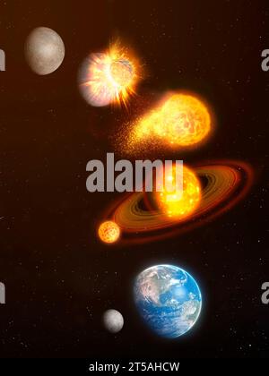 Giant impact formation of the Moon, illustration Stock Photo