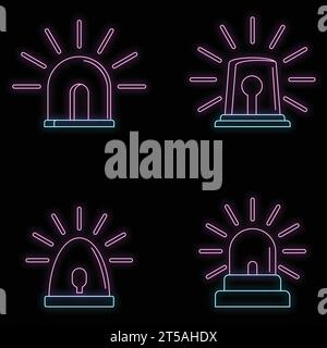 Flasher siren icons set. Outline illustration of 4 flasher siren icons neon color on black Stock Vector