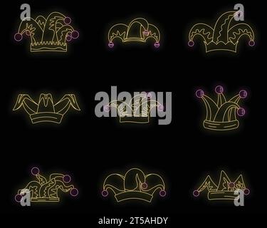 Jester fools hat icons set. Outline illustration of 9 Jester fools hat vector icons neon color on black Stock Vector