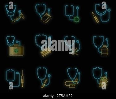 Phonendoscope stethoscope icons set. Outline illustration of 12 phonendoscope stethoscope vector icons neon color on black Stock Vector