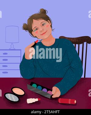 Girl playing with makeup, illustration Stock Photo