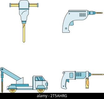 Drilling machine rig electric icons set. Outline illustration of 4 drilling machine rig electric vector icons thin line color flat on white Stock Vector