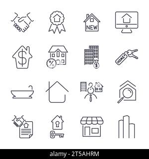 Real estate thin icons. Handshake, contract, bilding, bathroom, house and other. Icon set with editable stroke Stock Vector