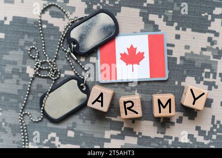 army blank, dog tag with flag of canada on the khaki texture background. military concept Stock Photo