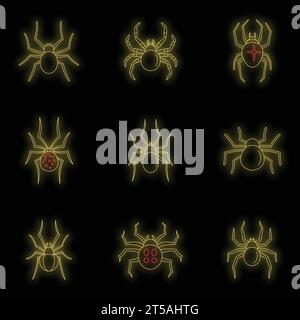 Spider bug caterpillar phobia icons set. Outline illustration of 9 spider bug caterpillar phobia vector icons neon color on black Stock Vector