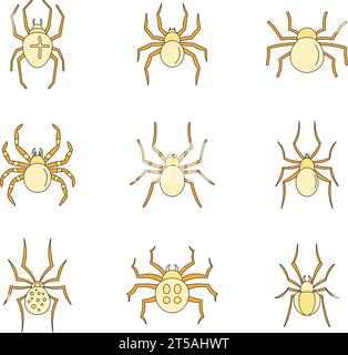 Spider bug caterpillar phobia icons set. Outline illustration of 9 spider bug caterpillar phobia vector icons thin line color flat on white Stock Vector