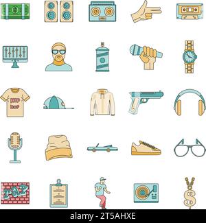Hiphop rap swag music dance icons set. Outline illustration of 16 hiphop rap swag music dance vector icons thin line color flat on white Stock Vector