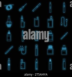Electronic cigarette mod cig smoke icons set. Outline illustration of 25 electronic cigarette mod cig smoke vector icons neon color on black Stock Vector
