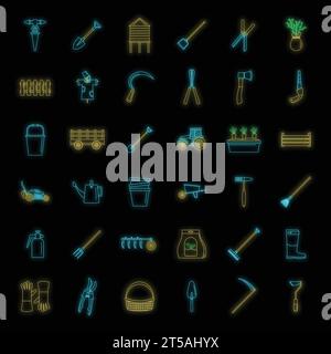Farming equipment garden icons set. Outline illustration of 25 farming equipment garden vector icons neon color on black Stock Vector