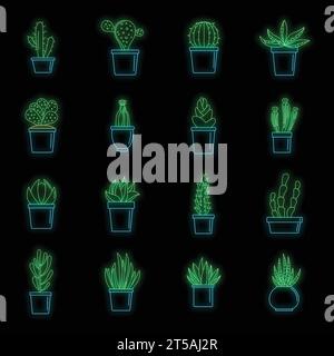 Succulent and cactus flowers plant floral icons set. Outline illustration of 16 succulent and cactus flowers plant floral vector icons neon color on black Stock Vector