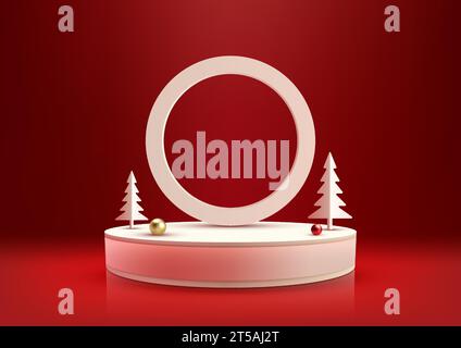 Christmas festive 3D realistic white color podium decoration with circle backdrop pine tree and  gold and red balls on red wall background. Christmas Stock Vector
