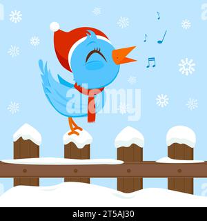Bird with Christmas hat sitting on a fence and singing in the snow. Vector illustration Stock Vector
