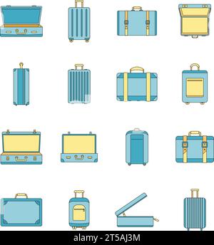 Suitcase travel luggage bag briefcase icons set. Outline illustration of 16 Suitcase travel luggage bag briefcase vector icons thin line color flat on white Stock Vector