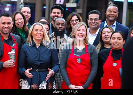 New York City, United States. 03rd Nov, 2023. Starbucks, the premier roaster and retailer of specialty coffee in the world, visits the Nasdaq MarketSite in Times Square. In honor of the occasion, Laxman Narasimhan, Chief Executive Officer, rings the Opening Bell in Times Square, New York City, NY, USA on November 3, 2023. Photo by Charles Guerin/ABACAPRESS.COM Credit: Abaca Press/Alamy Live News Stock Photo