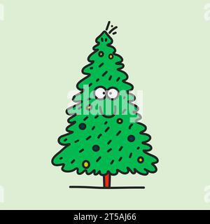 Funny cartoon Christmas tree isolated on green background. Vector character with smiling faces and baubles. Doodle bold lines style. Merry Christmas Stock Vector