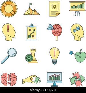 Problem solution icon set. Outline set of problem solution vector icons thin line color flat on white Stock Vector