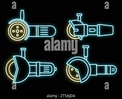 Electric angle grinder icon set. Outline set of electric angle grinder vector icons neon color on black Stock Vector
