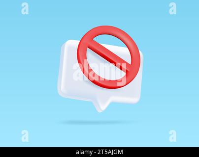 3d banned message, chat, comment icon illustration. 3d rendered disallowed or forbidden symbol with chat bubble, isolated on background. Social media communication vector illustration. Vector illustration Stock Vector