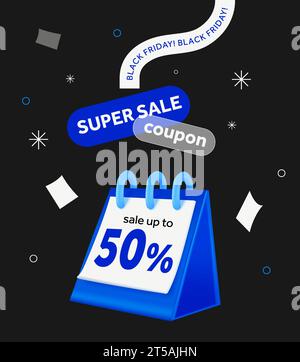 Black friday super sale event with calendar, 50 percentage off text on it, isolated on background. Premium price off event. Purchase reminder. Shop and voucher vector illustration. Vector illustration Stock Vector