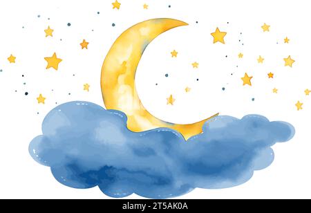 Night Moon Stars Vector illustration Watercolor. Night Sky. Stock Vector