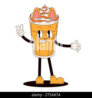 Groovy drink cat character in shape of frappe iced coffee. Cartoon style. Vector illustration isolated on a white background. Stock Vector