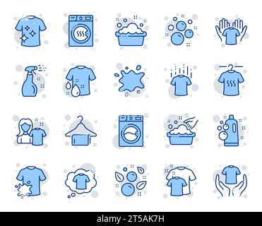 Laundry line icons. Dryer, Washing machine and dirt shirt. Laundromat, hand washing, soap bubbles in basin icons. Dry t-shirt, laundry service. Vector Stock Vector