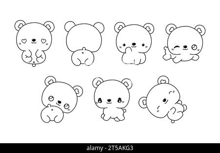 Set of Kawaii Brown Bear Coloring Page Illustrations. Collection of ...