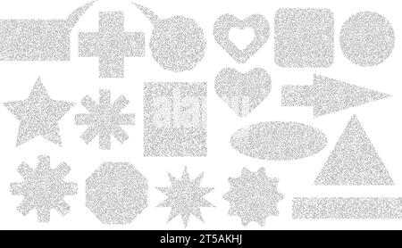 Set of geometric shapes made of grainy sandy texture. Abstract grainy noise template, grunge effect. Star, heart, arrow, square, oval, rectangle, tria Stock Vector