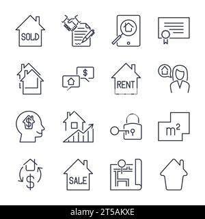 Real estate thin line art icons set. Residential and commercial building deals. Linear style symbols isolated on white. Icon set with editable stroke Stock Vector