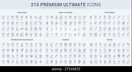 Education, school subjects and office stationery, science technology thin black line icons set vector illustration. Outline symbols of study, laboratory equipment, scientists analysis and discovery Stock Vector
