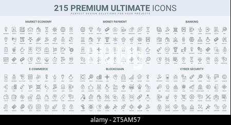 Ecommerce, cryptocurrency and money payment online, data protection thin black line icons set vector illustration. Outline symbols of wallet and delivery, sales in retail shop, blockchain and mining Stock Vector