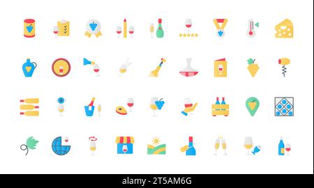 Wine flat icons set vector illustration. Storage and tasting of grape wine, winery and cellar barrel, wineglass and bottle of alcohol, bar and restaurant menu to taste drink, test smell. Stock Vector
