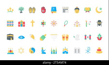 World religions flat icons set vector illustration. Symbols, holy books, and temples of Buddhism and Christianity, Islam, and Judaism, religious pictograms collection for praying. Stock Vector